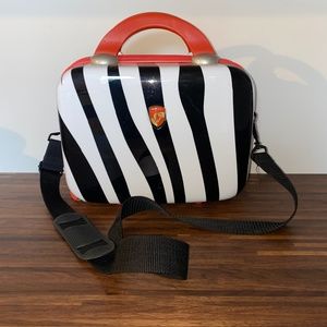 HEYS Hard Shell Travel Luggage Bag Zebra Red Cosmetic Case with Shoulder Strap